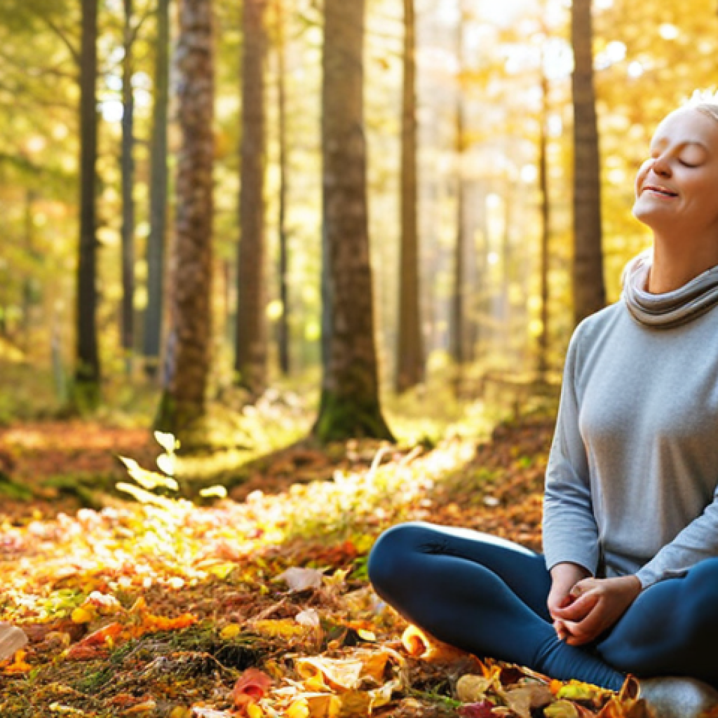 **Image Prompt:** A serene woman practices mindfulness meditation outdoors in a lush Swedish forest during autumn. Sunlight filters through colorful leaves, creating a peaceful atmosphere. She's sitting in a comfortable position, eyes closed, with a gentle smile. Emphasis on natural light and a calming color palette.