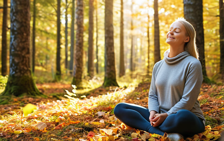 **Image Prompt:** A serene woman practices mindfulness meditation outdoors in a lush Swedish forest during autumn. Sunlight filters through colorful leaves, creating a peaceful atmosphere. She's sitting in a comfortable position, eyes closed, with a gentle smile. Emphasis on natural light and a calming color palette.