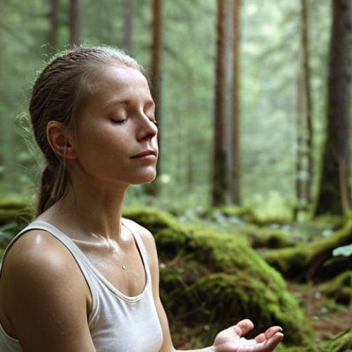 **

A serene person meditating outdoors in a Swedish forest. Focus on a calm face, natural lighting, and the surrounding nature. Subtle details highlighting mindfulness, such as a dewdrop on a leaf or a gentle breeze. The overall mood should be peaceful and stress-free.

**