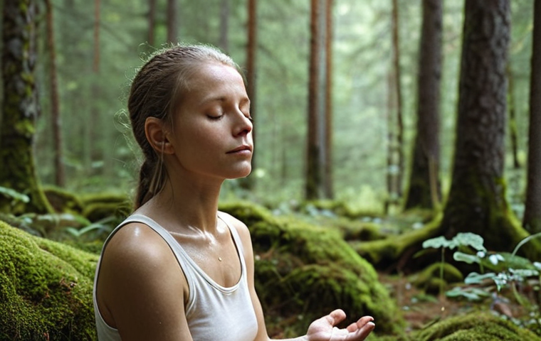 **

A serene person meditating outdoors in a Swedish forest. Focus on a calm face, natural lighting, and the surrounding nature. Subtle details highlighting mindfulness, such as a dewdrop on a leaf or a gentle breeze. The overall mood should be peaceful and stress-free.

**